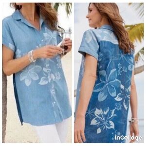 Soft Surroundings Tunic Top Sz L Shirt Women Denim Blue Tencel Chambray Lochlea